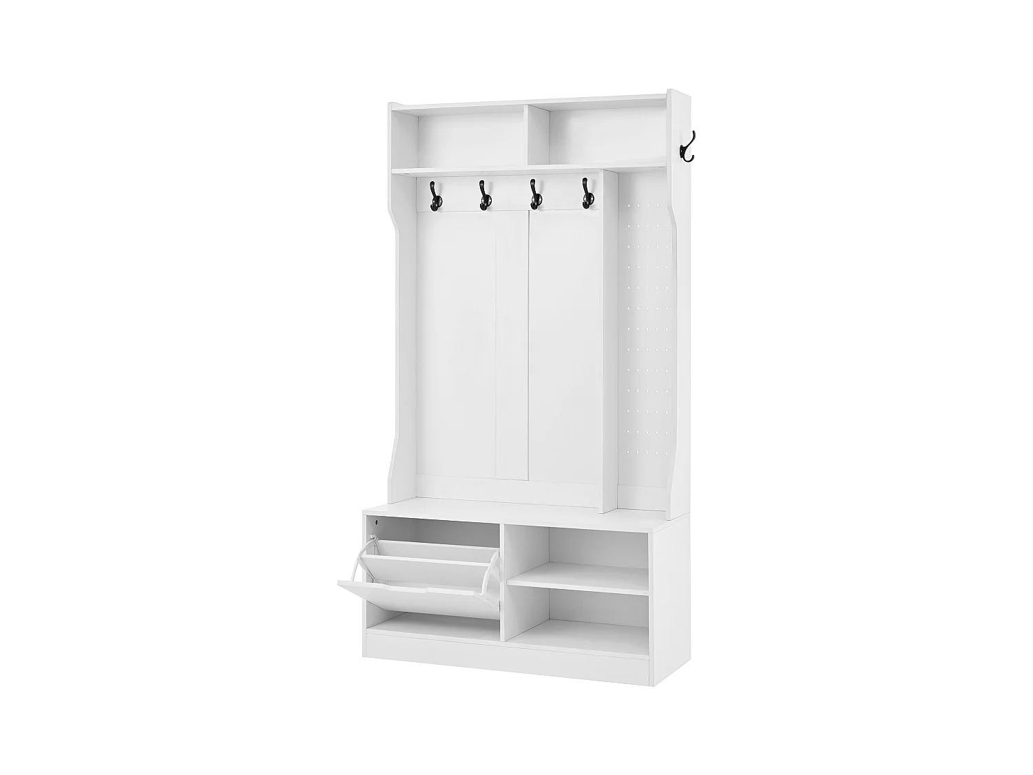 Porte-manteau blanc avec 1 porte et 4 espaces de rangement ouverts, 6 crochets - pour l'entrée