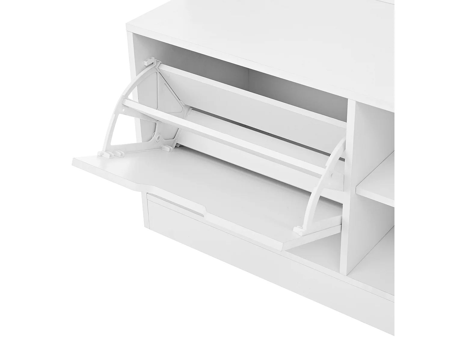 Weiße Flurgarderobe mit einer Tür, vier offenen Fächern und sechs Haken