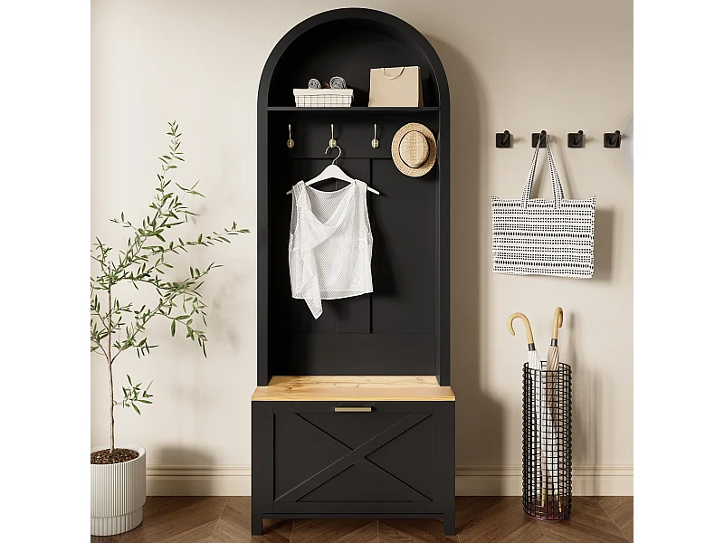 Porte-manteau noir avec étagère à chaussures, étagères et crochets - pour entrées et salon