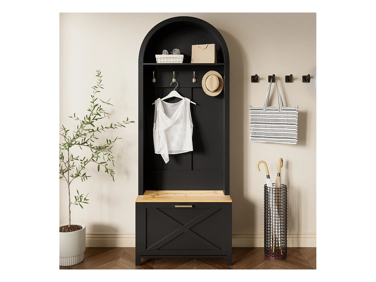 Porte-manteau noir avec étagère à chaussures, étagères et crochets - pour entrées et salon