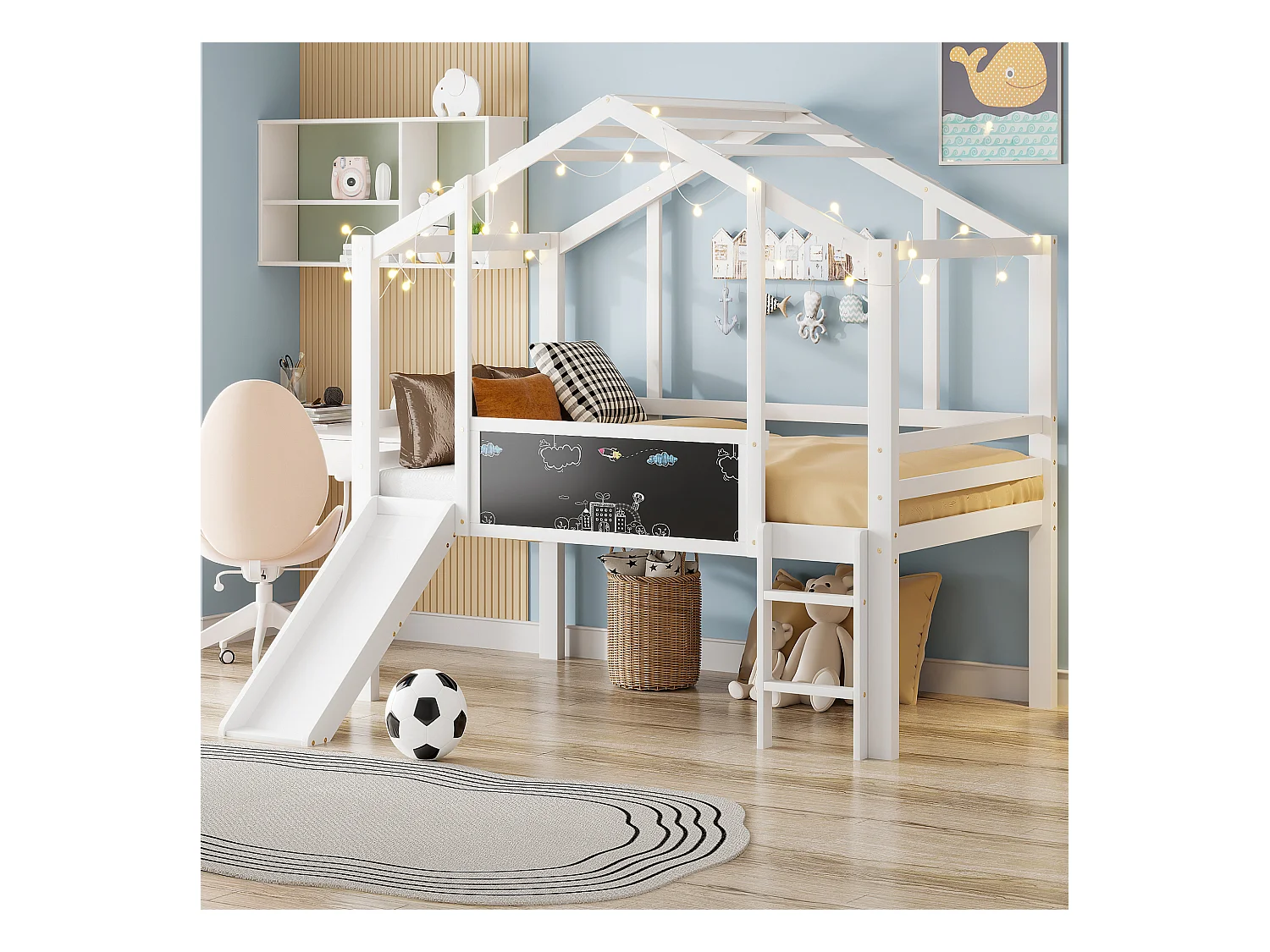 Lit mezzanine 90x200 cm Lit enfant avec échelle et toboggan, planche à dessin - blanc (sans matelas)