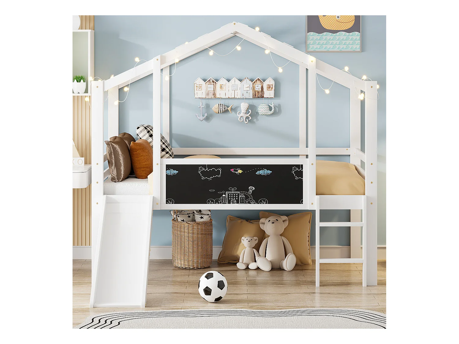 Lit mezzanine 90x200 cm Lit enfant avec échelle et toboggan, planche à dessin - blanc (sans matelas)