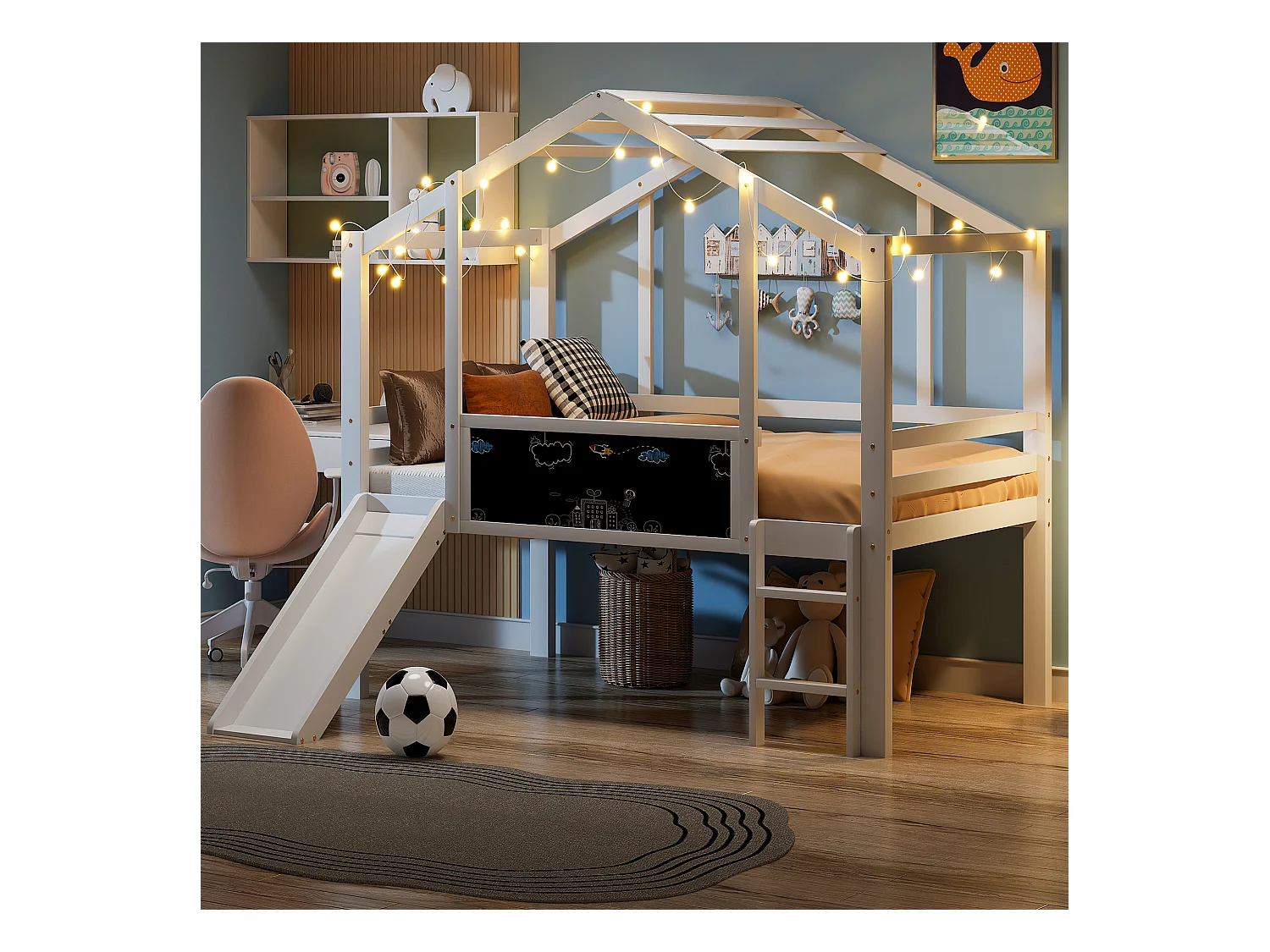 Lit mezzanine 90x200 cm Lit enfant avec échelle et toboggan, planche à dessin - blanc (sans matelas)