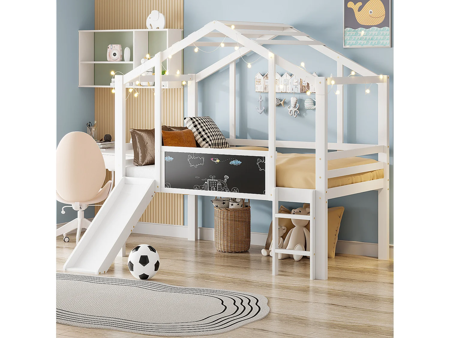 Mezzaninebed 90x200cm met ladder en glijbaan, doodleboard - wit (zonder matras)