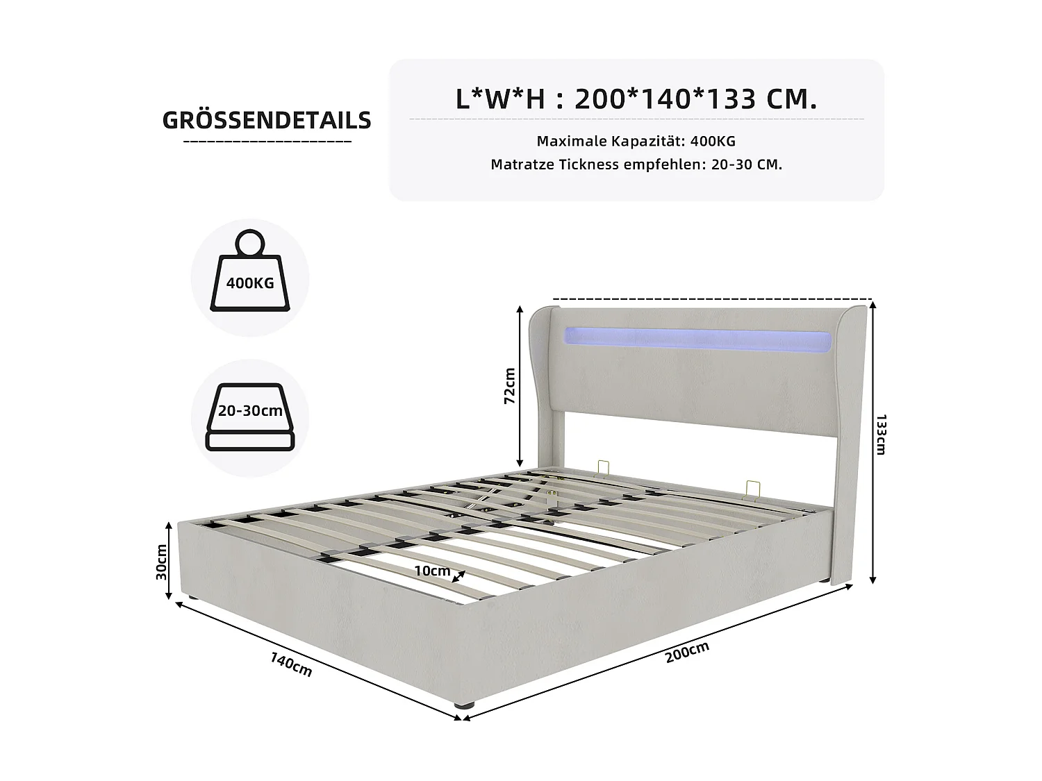 Łóżko ze schowkiem 140x200 cm z oświetleniem LED, drewniany stelaż z listew - beżowy aksamit (bez materaca)
