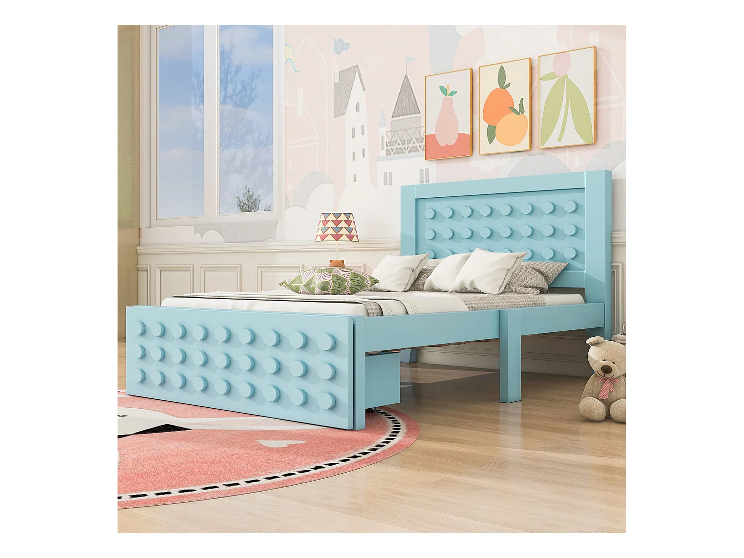 Lit simple 90x200 cm avec 1 tiroir et sommier à lattes, design bloc créatif bleu - sans matelas