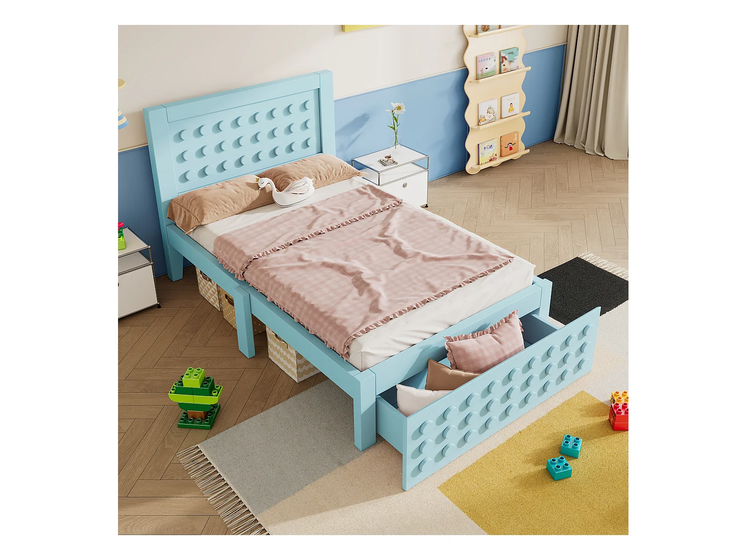 Eenpersoonsbed 90x200 cm met 1 lade en lattenbodem, blauw creatief design - zonder matras
