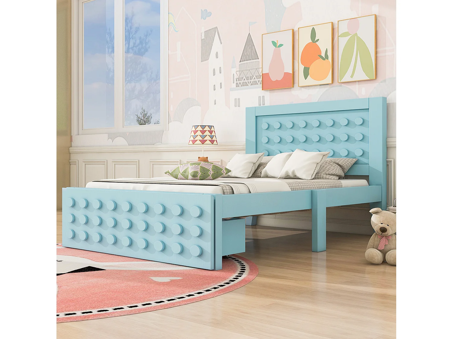 Lit simple 90x200 cm avec 1 tiroir et sommier à lattes, design bloc créatif bleu - sans matelas