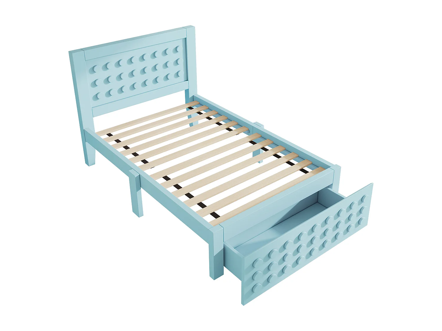 Lit simple 90x200 cm avec 1 tiroir et sommier à lattes, design bloc créatif bleu - sans matelas