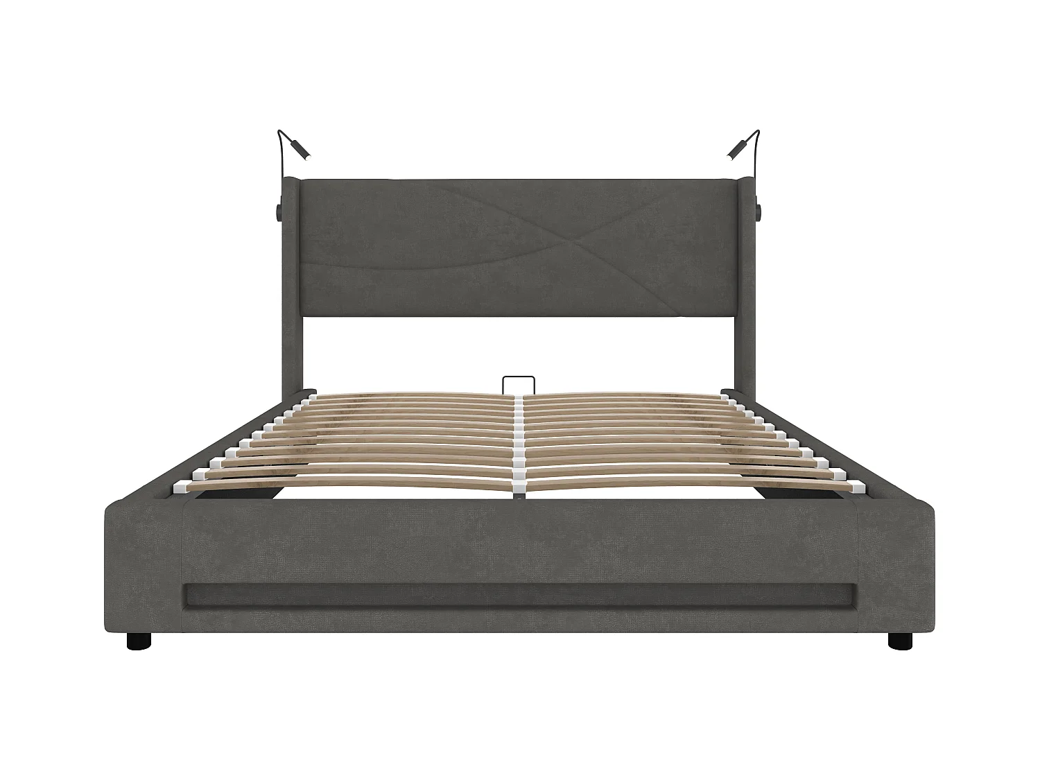 Lit coffre 160x200 cm avec 2 liseuses et éclairage LED, port USB - velours gris - sans matelas