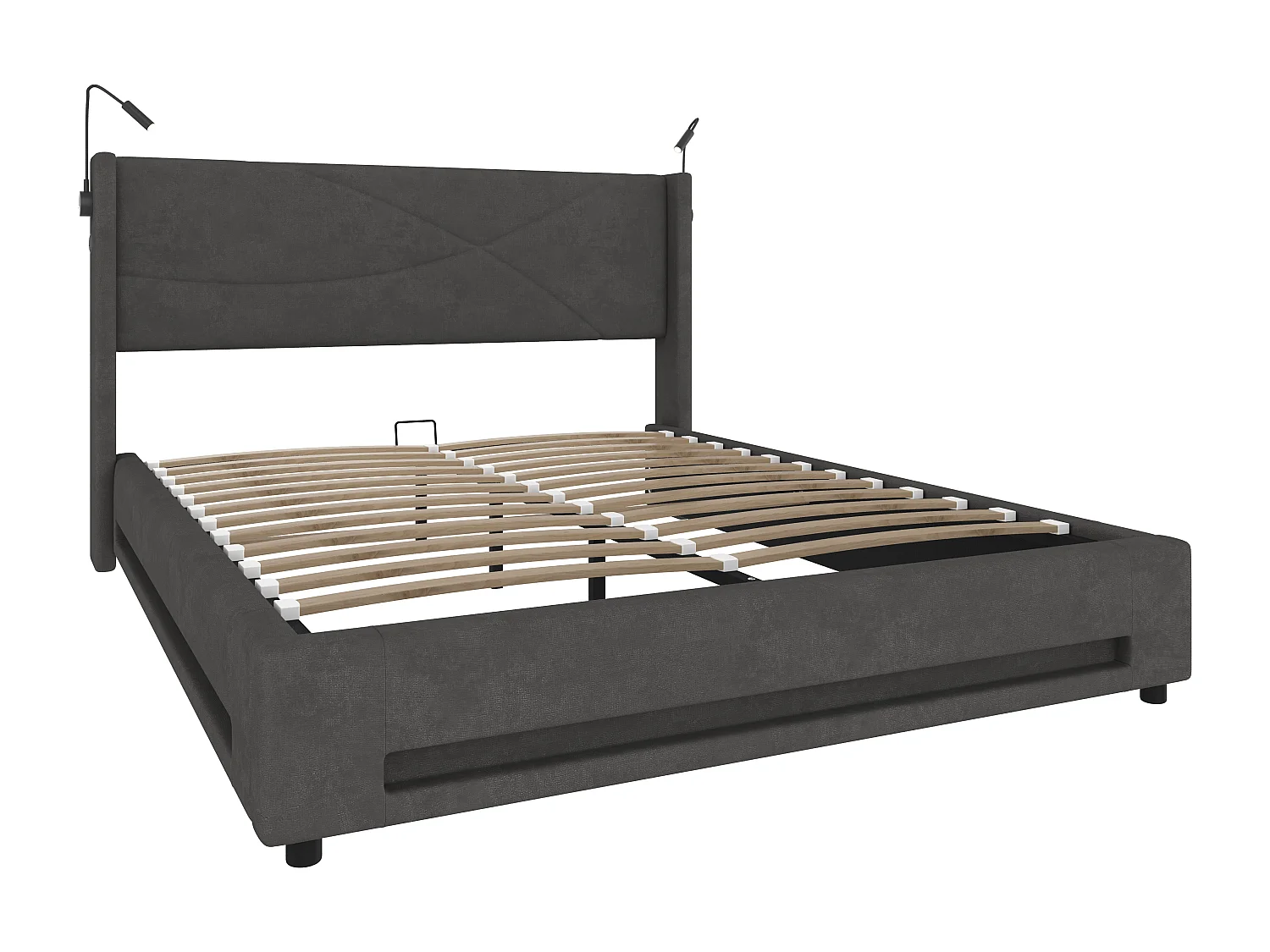 Lit coffre 160x200 cm avec 2 liseuses et éclairage LED, port USB - velours gris - sans matelas