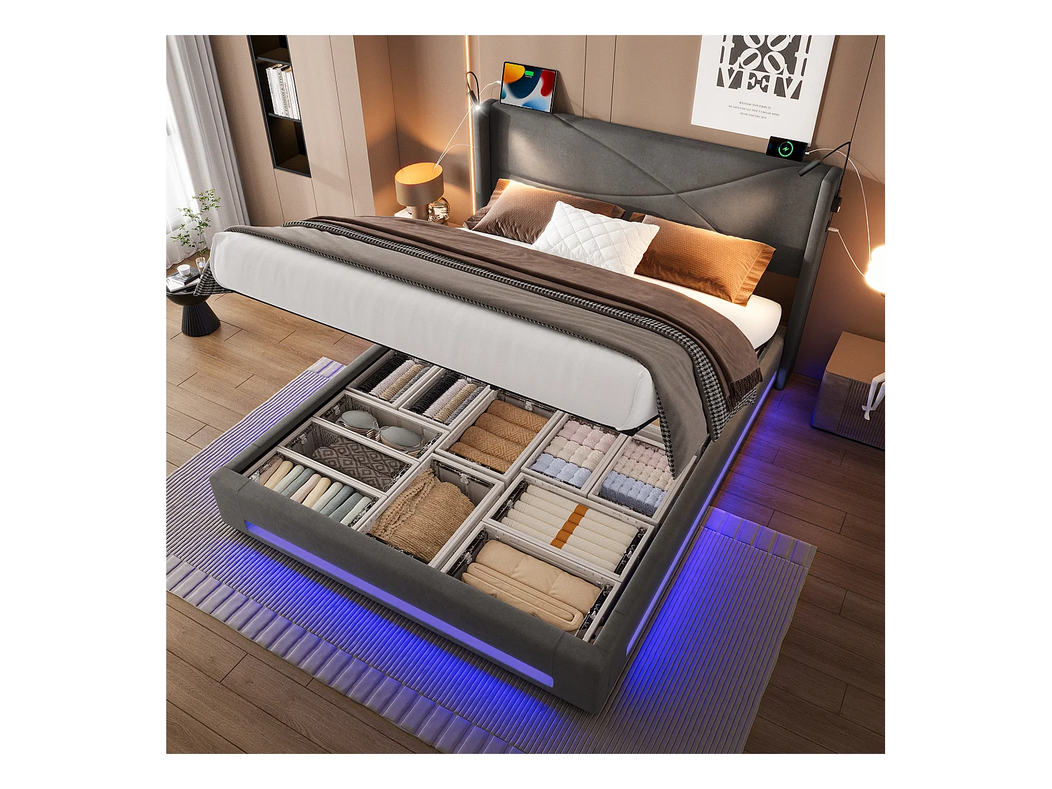 Stauraumbett 160x200 cm mit 2 Leselampen, LEDs und USB-Anschluss – grauer Samt – ohne Matratze