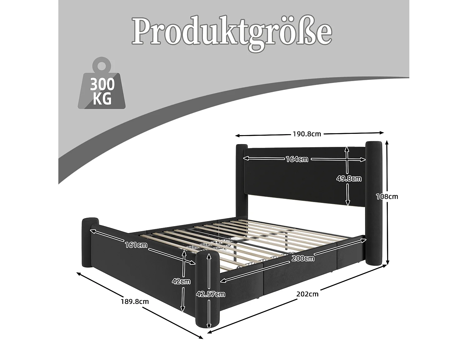 Cama doble 160x200 cm con 2 cajones y cabecero acolchado, puerto USB - terciopelo negro (sin colchón)