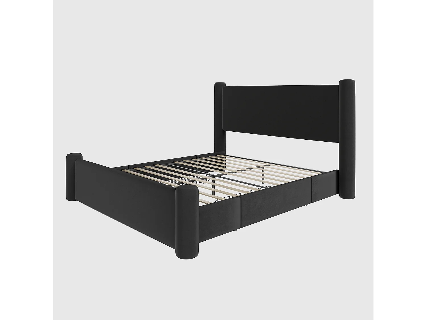 Cama doble 160x200 cm con 2 cajones y cabecero acolchado, puerto USB - terciopelo negro (sin colchón)