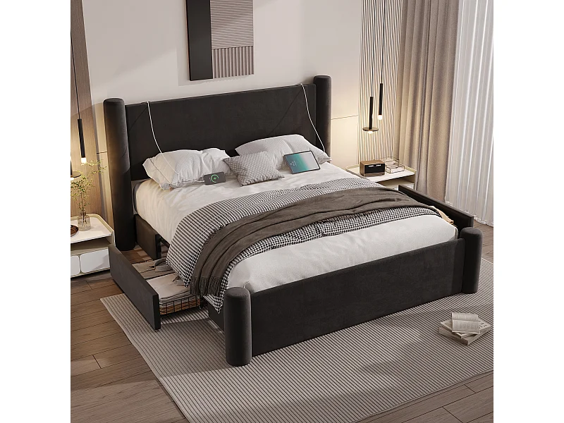 Lit double 160x200 cm avec 2 tiroirs et tête de lit capitonnée, port USB - velours noir (sans matelas)