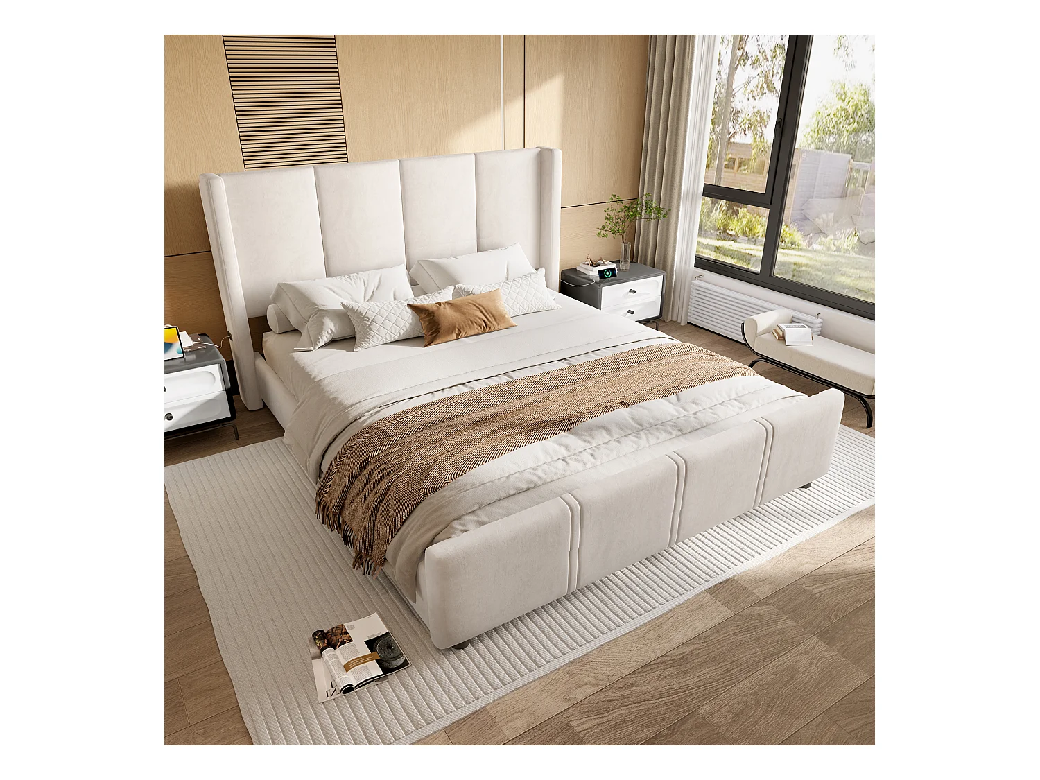 Lit adulte 140x190 cm avec port de charge USB, sommier à lattes - velours beige - sans matelas
