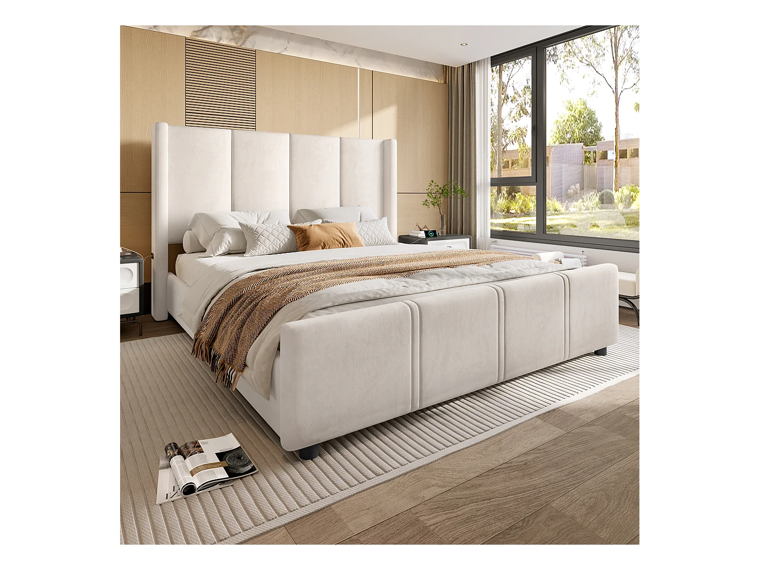Lit adulte 140x190 cm avec port de charge USB, sommier à lattes - velours beige - sans matelas