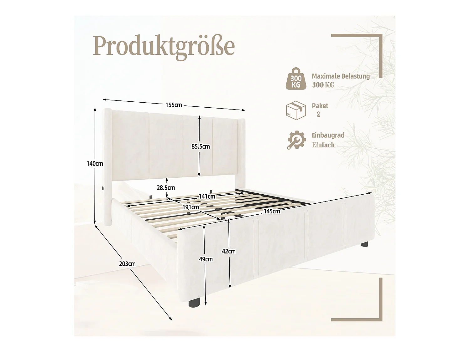 Lit adulte 140x190 cm avec port de charge USB, sommier à lattes - velours beige - sans matelas