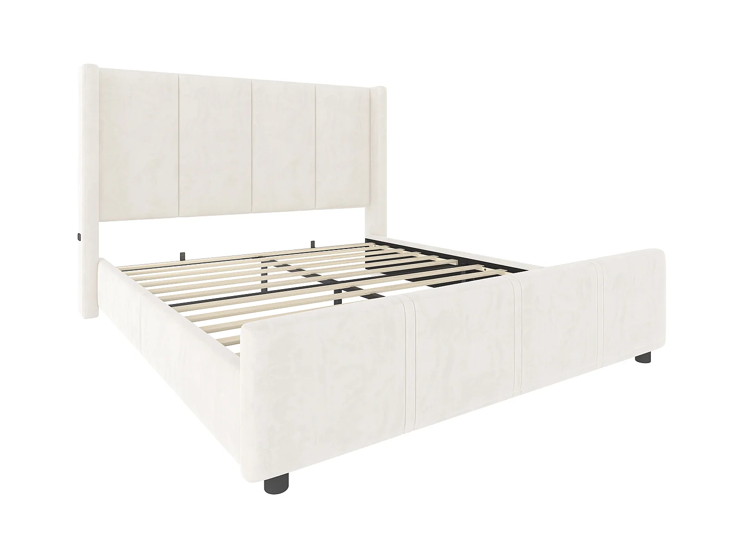 Lit adulte 140x190 cm avec port de charge USB, sommier à lattes - velours beige - sans matelas