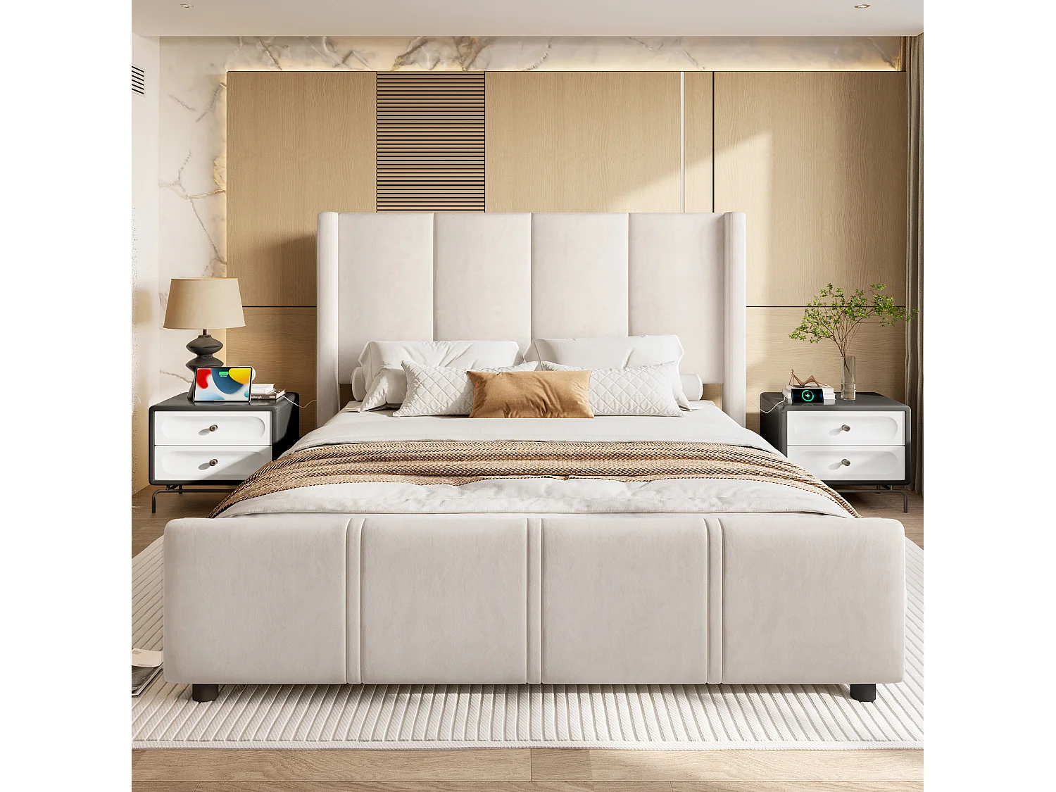 Lit adulte 140x190 cm avec port de charge USB, sommier à lattes - velours beige - sans matelas