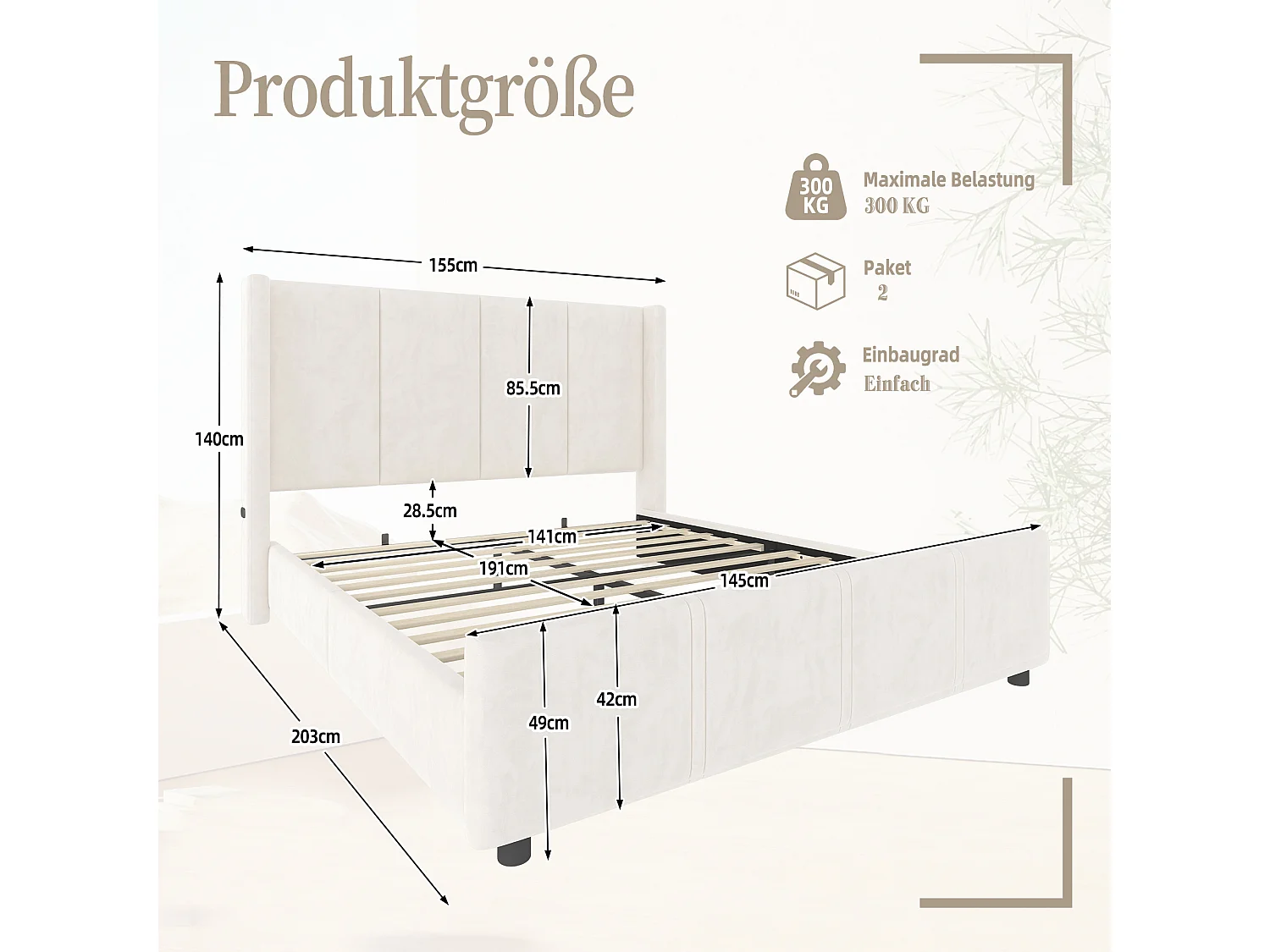 Lit adulte 140x190 cm avec port de charge USB, sommier à lattes - velours beige - sans matelas