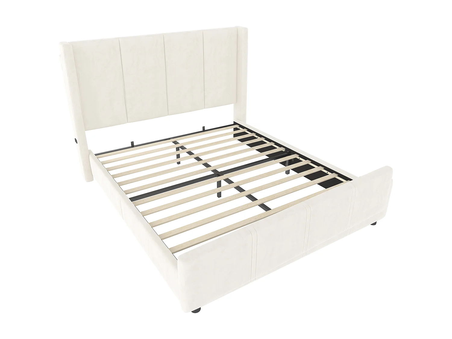 Lit adulte 140x190 cm avec port de charge USB, sommier à lattes - velours beige - sans matelas