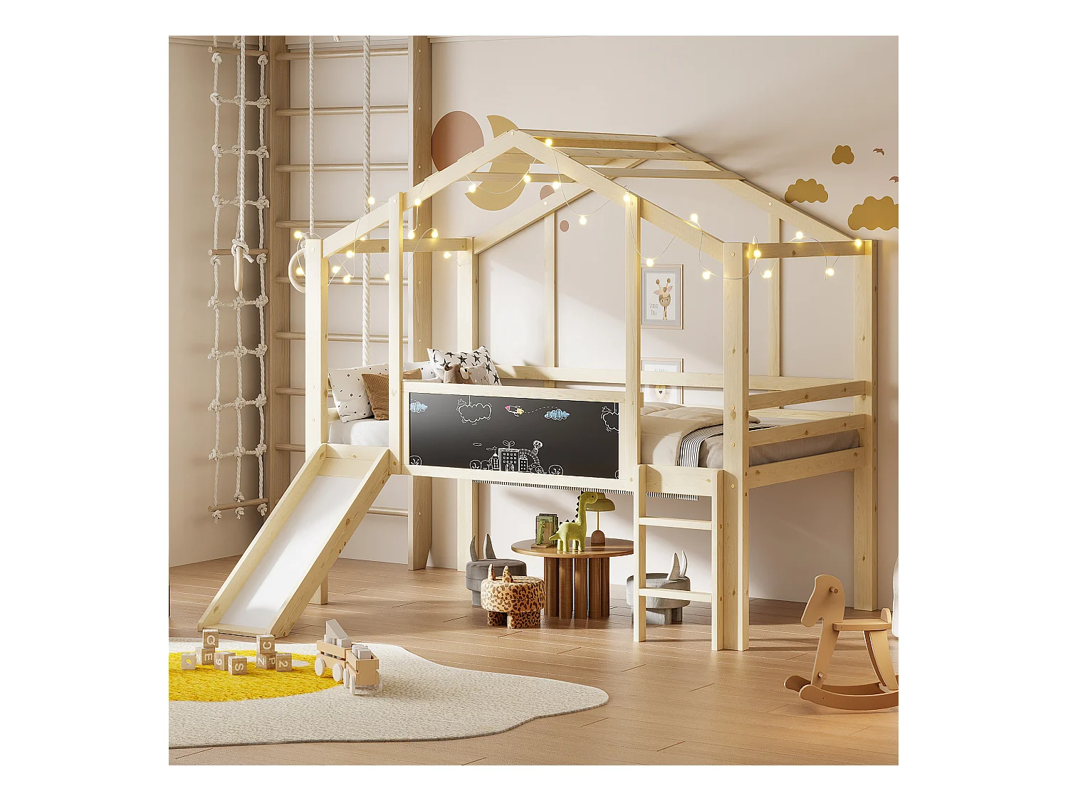 Lit mezzanine 90x200 cm Lit enfant avec échelle et toboggan, planche à dessin - naturel (sans matelas)