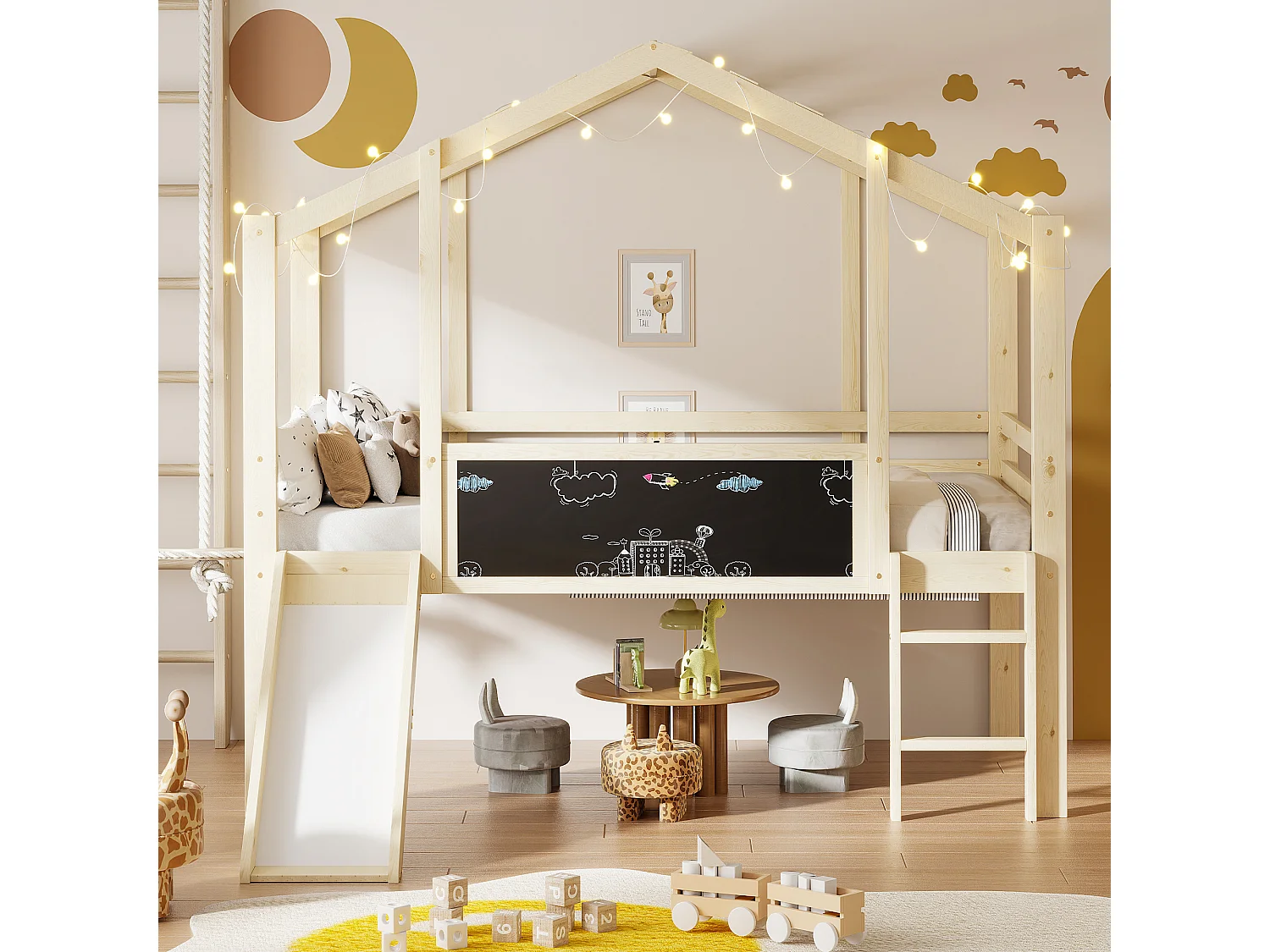 Lit mezzanine 90x200 cm Lit enfant avec échelle et toboggan, planche à dessin - naturel (sans matelas)