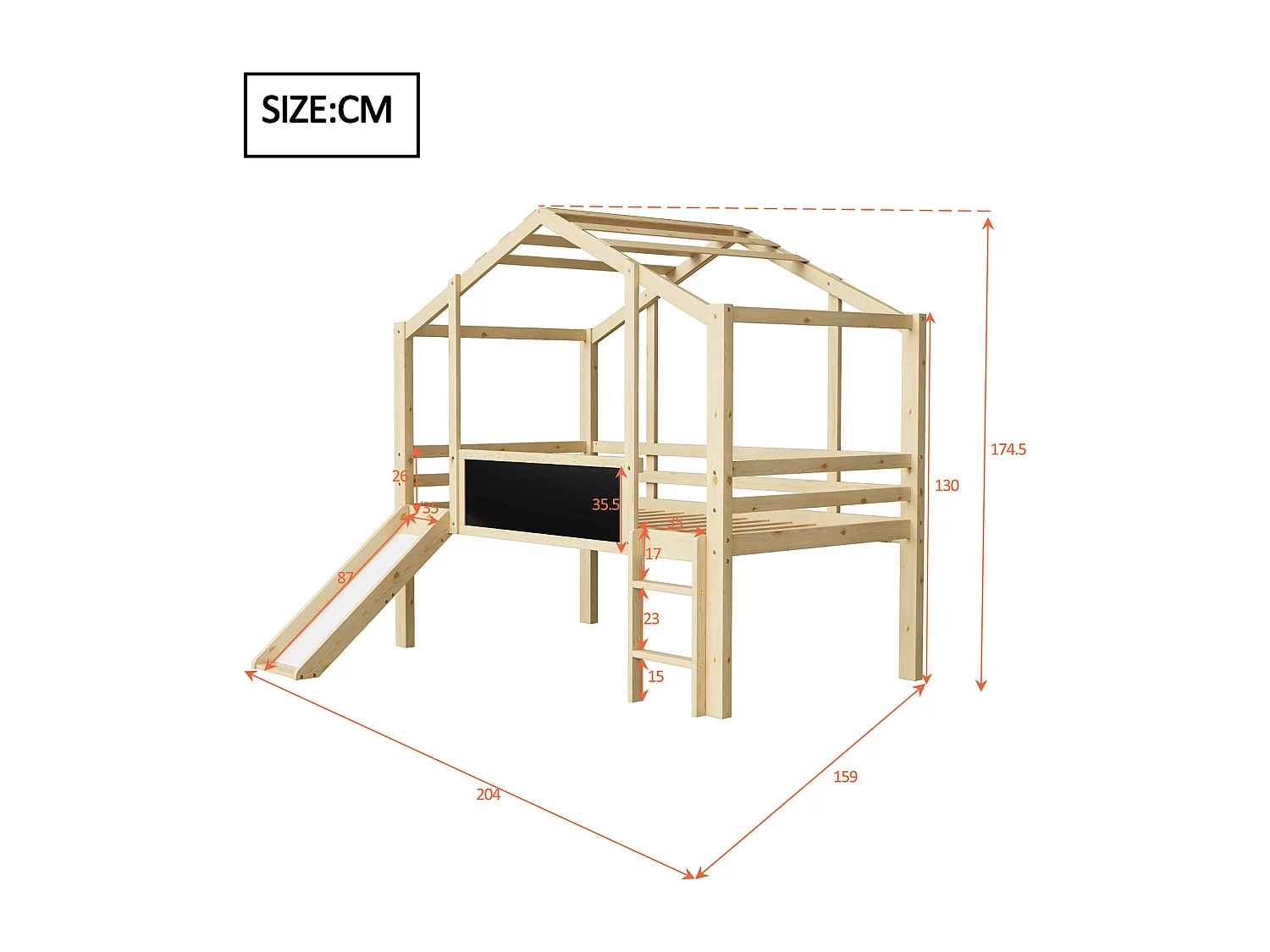 Lit mezzanine 90x200 cm Lit enfant avec échelle et toboggan, planche à dessin - naturel (sans matelas)