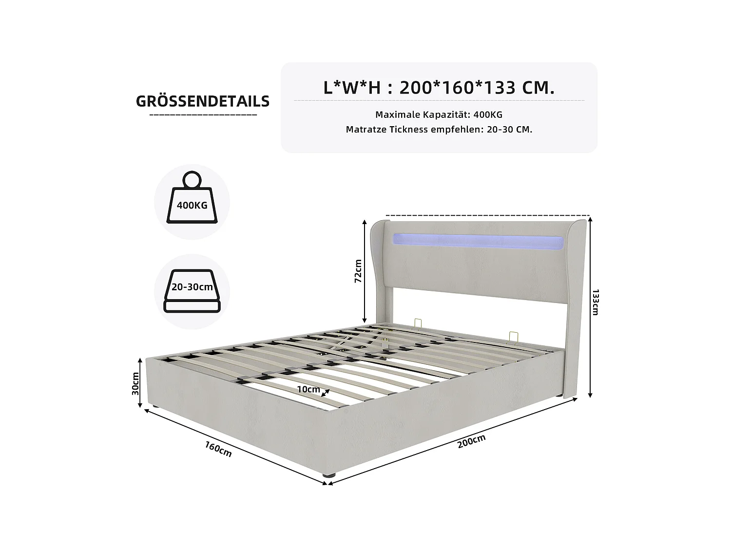 Lit coffre 160x200 cm avec éclairage LED, sommier à lattes en bois - velours beige (sans matelas)
