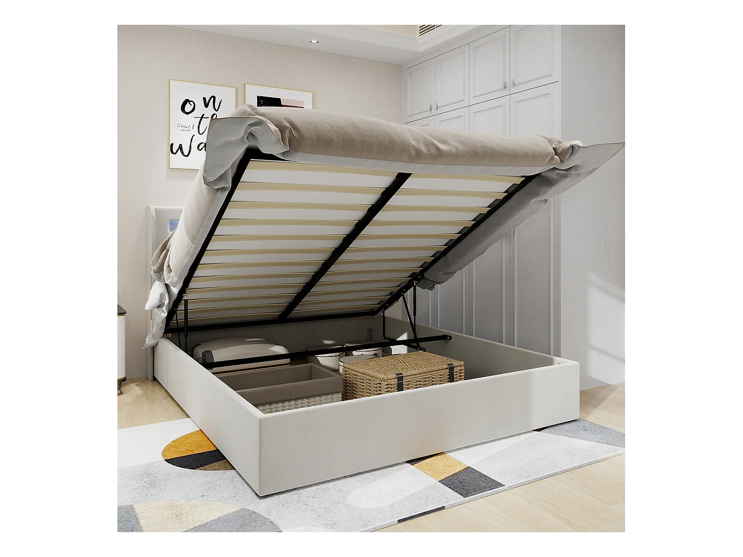Bed met opbergruimte 160x200 cm met ledverlichting, houten lattenbodem - beige fluweel (zonder matras)