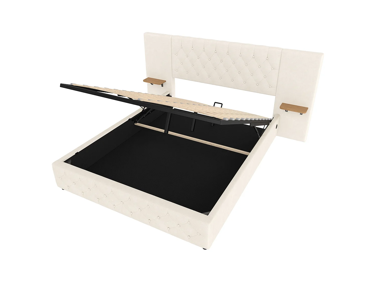 Lit coffre 160x200 cm avec LED et port USB, tête de lit large - velours beige - sans matelas