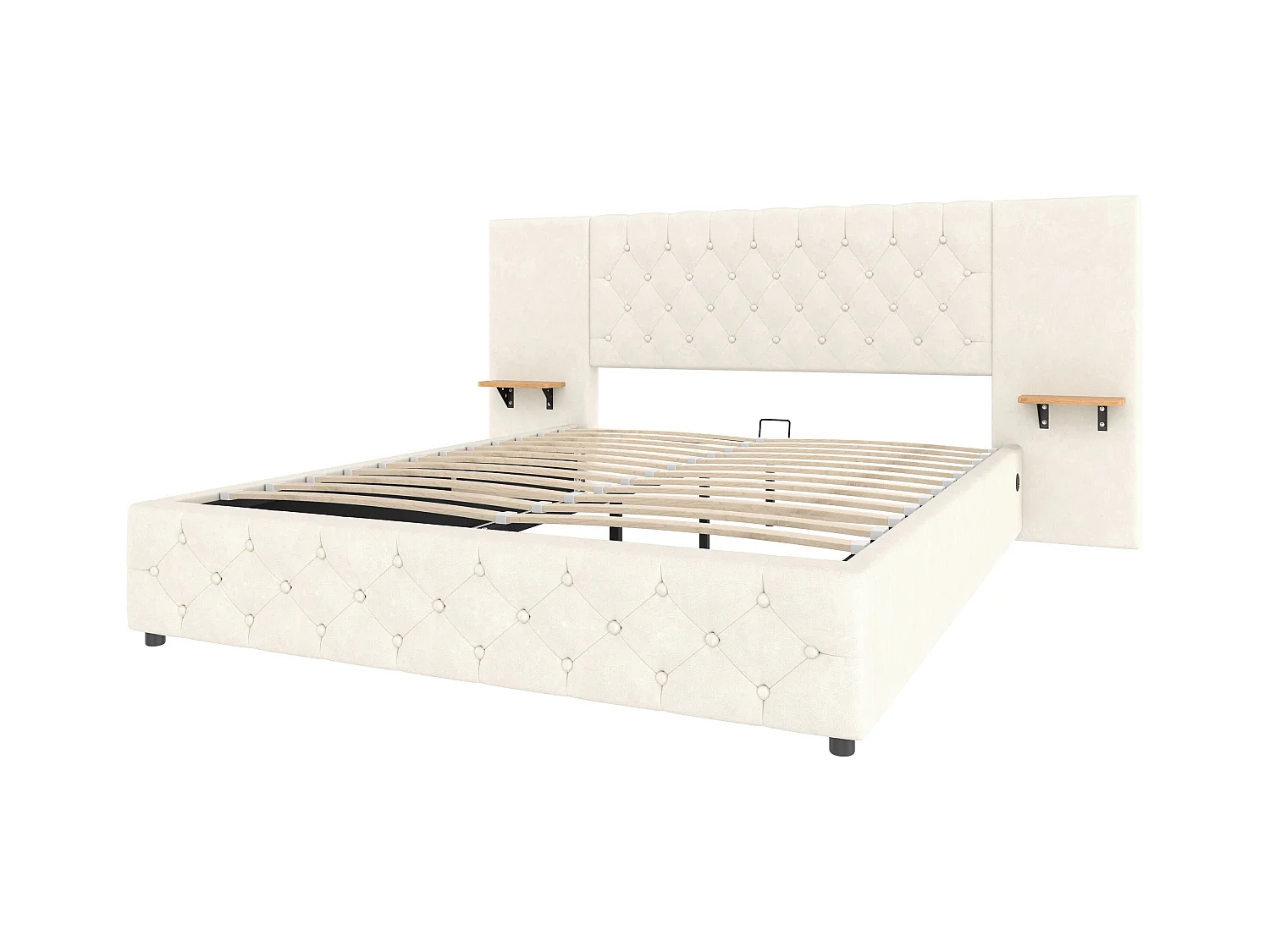 Lit coffre 160x200 cm avec LED et port USB, tête de lit large - velours beige - sans matelas