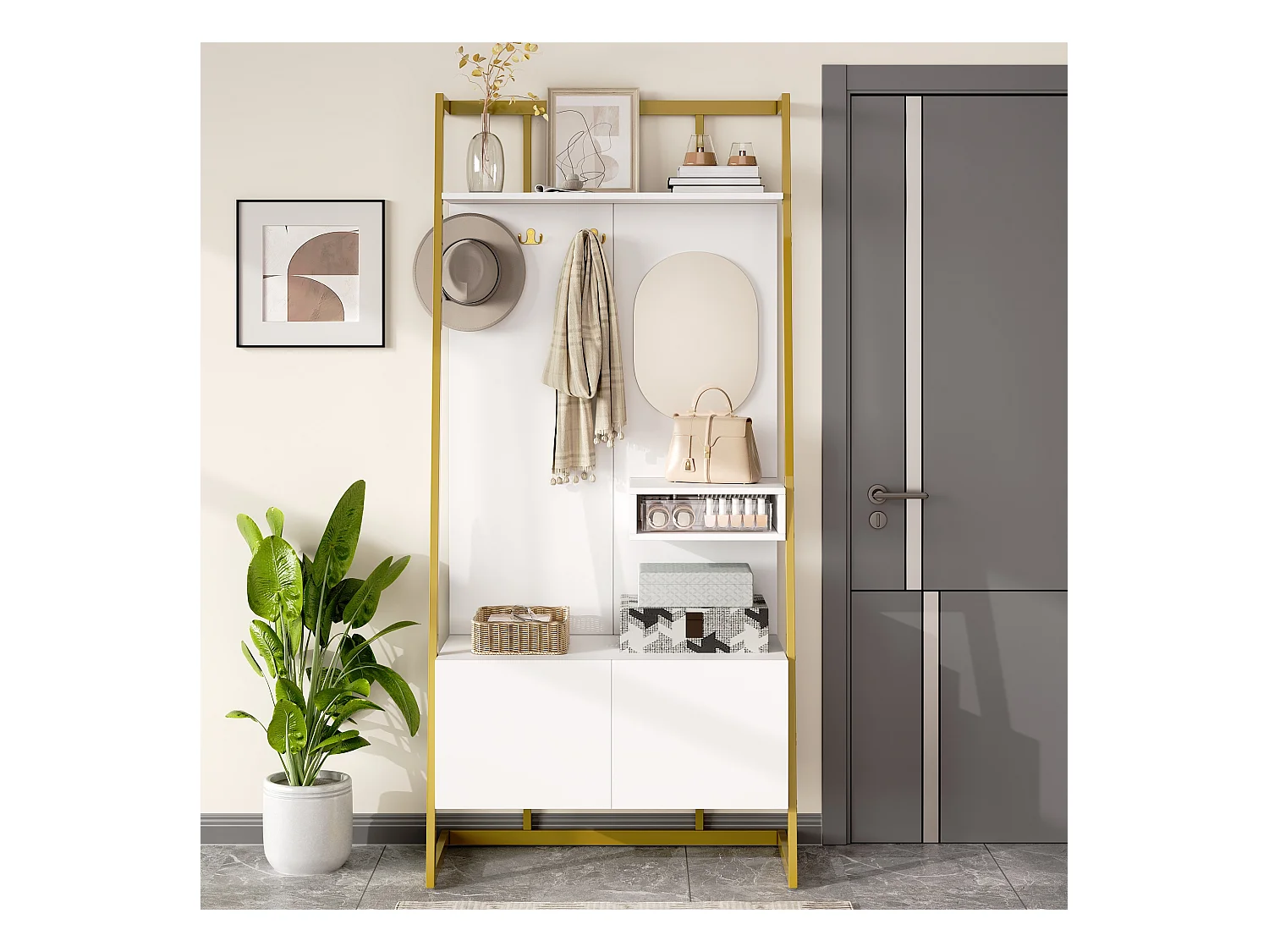 Porte-manteau avec meuble à chaussures 2 portes, patères métalliques et miroir - blanc et doré
