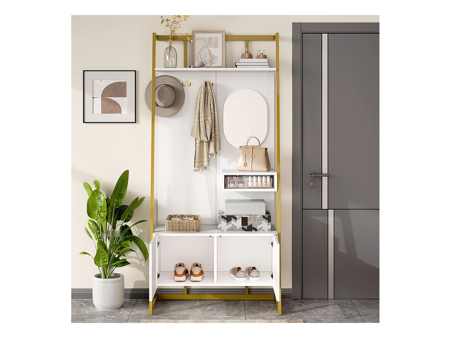 Porte-manteau avec meuble à chaussures 2 portes, patères métalliques et miroir - blanc et doré