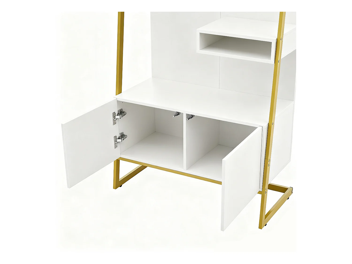 Porte-manteau avec meuble à chaussures 2 portes, patères métalliques et miroir - blanc et doré