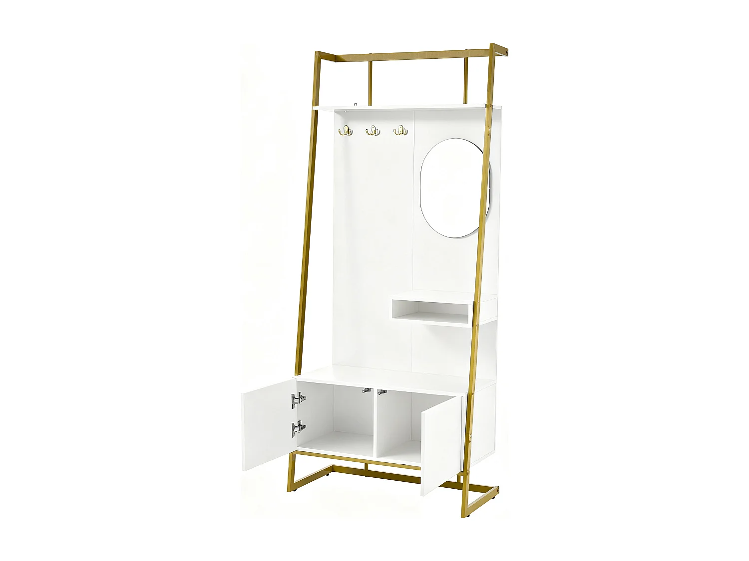 Garderobenständer mit zweitürigem Schuhschrank, Metallhaken und Spiegel – Weiß und Gold