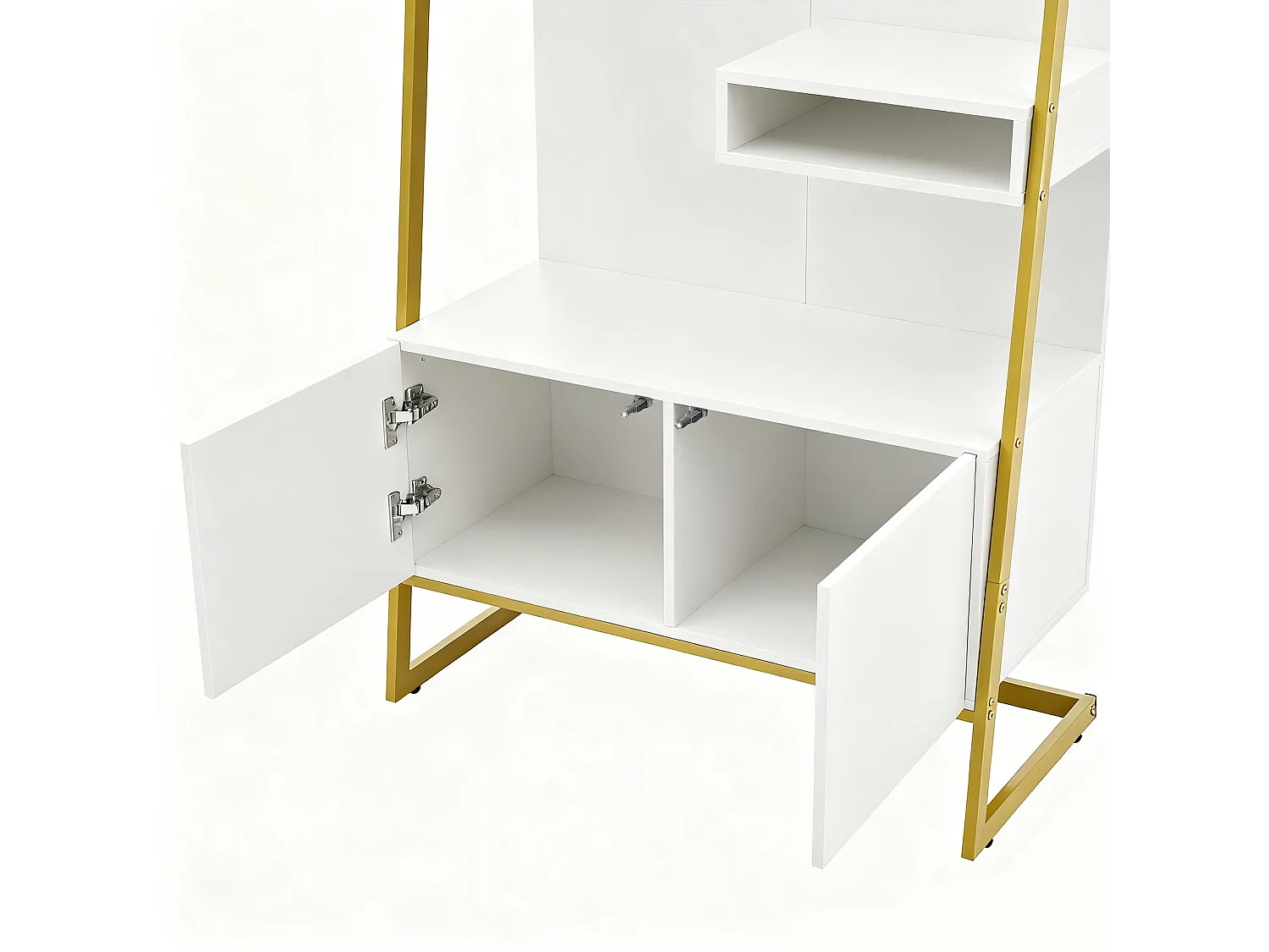 Garderobenständer mit zweitürigem Schuhschrank, Metallhaken und Spiegel – Weiß und Gold
