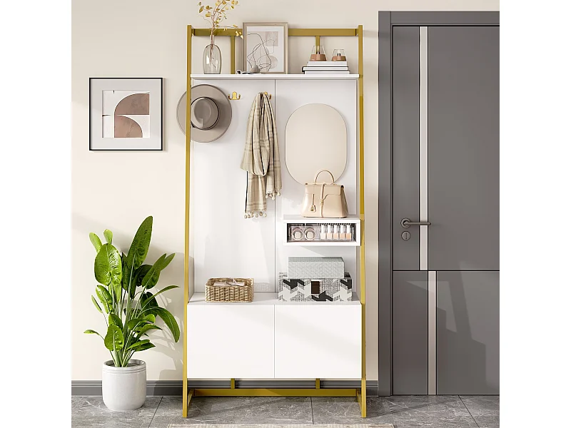 Wieszak na ubrania z 2-drzwiową szafką na buty, metalowymi haczykami i lustrem – biało-złoty