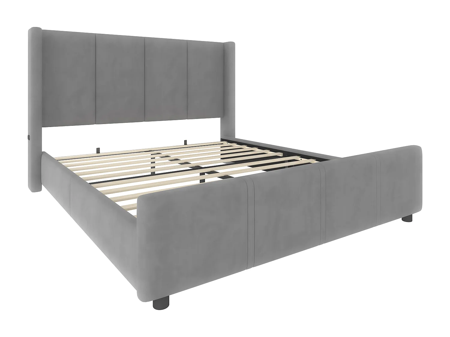 Lit double 160x200 cm avec tête de lit et sommier à lattes, port USB - velours gris (sans matelas)