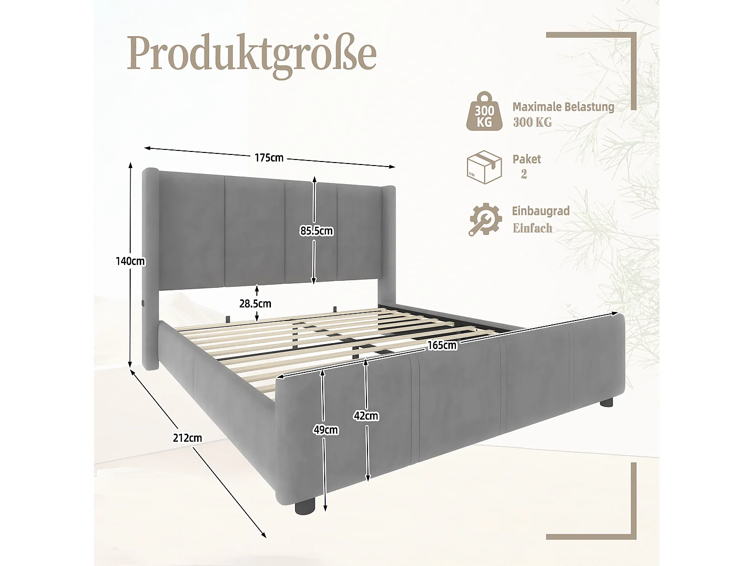 Tweepersoonsbed 160x200 cm met hoofdbord en lattenbodem, USB-poort - grijs fluweel (zonder matras)