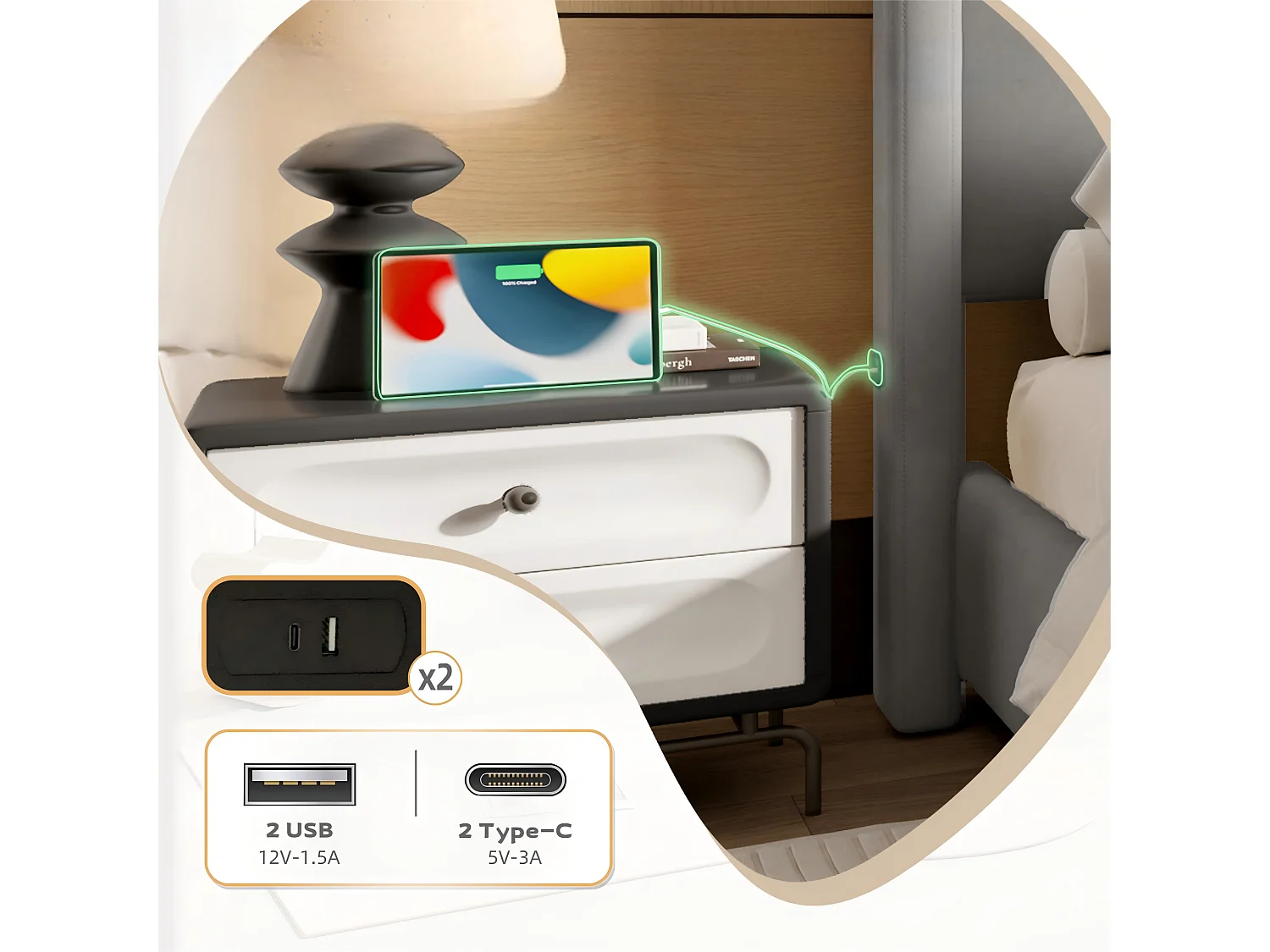 Tweepersoonsbed 160x200 cm met hoofdbord en lattenbodem, USB-poort - grijs fluweel (zonder matras)