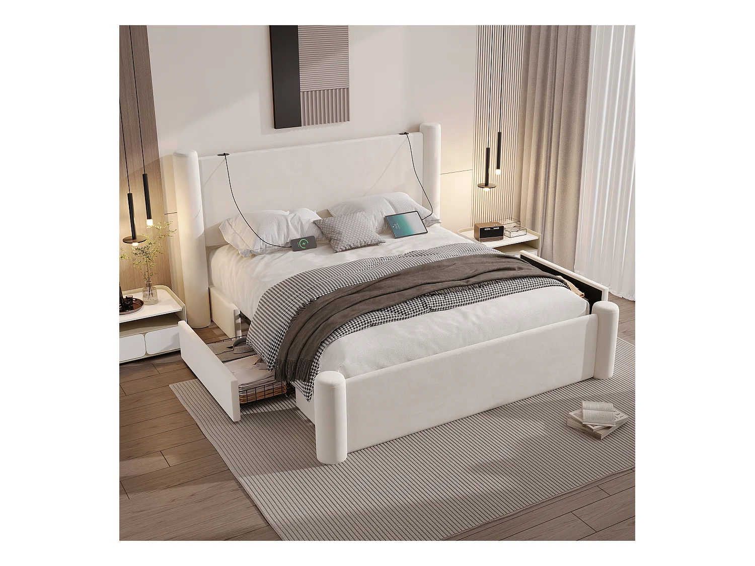 Lit adulte 140x200 cm avec 2 tiroirs et tête de lit capitonnée, port USB - velours beige (sans matelas)