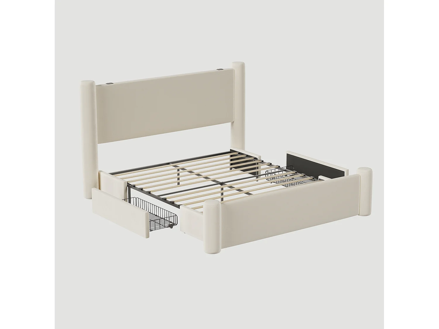 Lit adulte 140x200 cm avec 2 tiroirs et tête de lit capitonnée, port USB - velours beige (sans matelas)