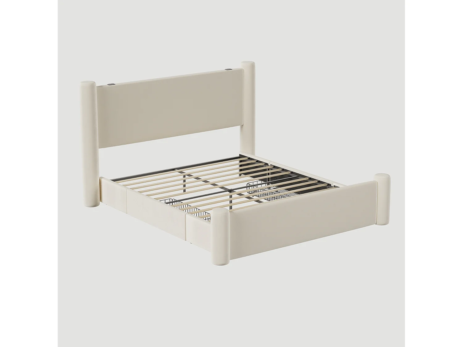 Volwassen bed 140x200 cm met 2 lades en hoofdbord, USB-aansluiting - beige fluweel (zonder matras)