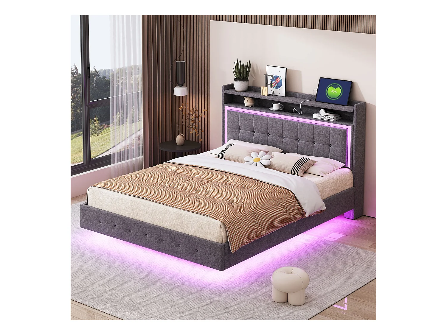 Lit adulte 140x200 cm avec LED et prise USB, tête de lit capitonnée - lin gris - sans matelas