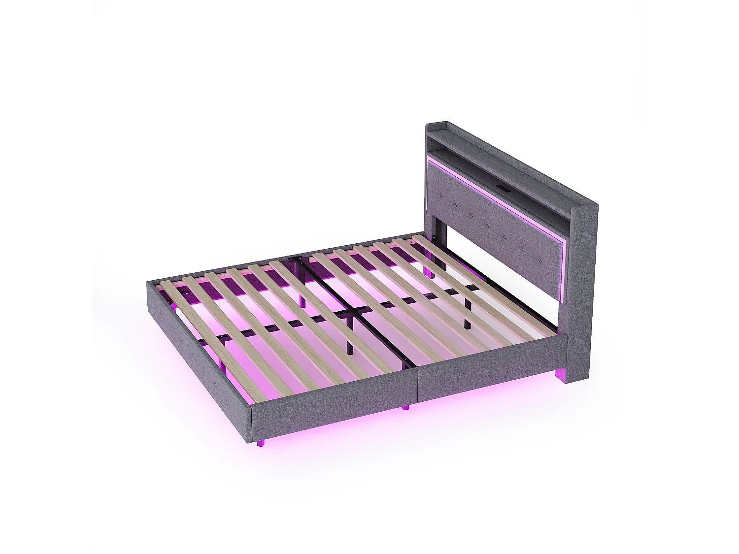 Lit adulte 140x200 cm avec LED et prise USB, tête de lit capitonnée - lin gris - sans matelas