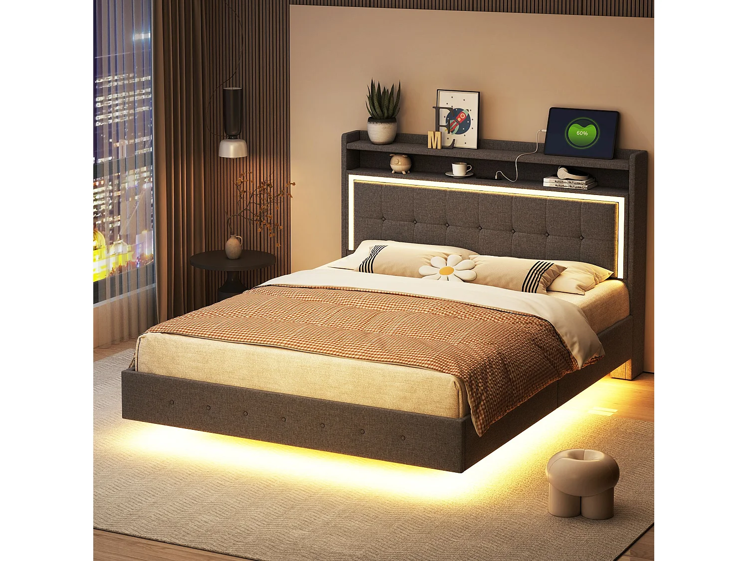 Erwachsenenbett 140x200 cm mit LED und USB-Anschlüssen, gepolstertem Kopfteil - graues Leinen – ohne Matratze