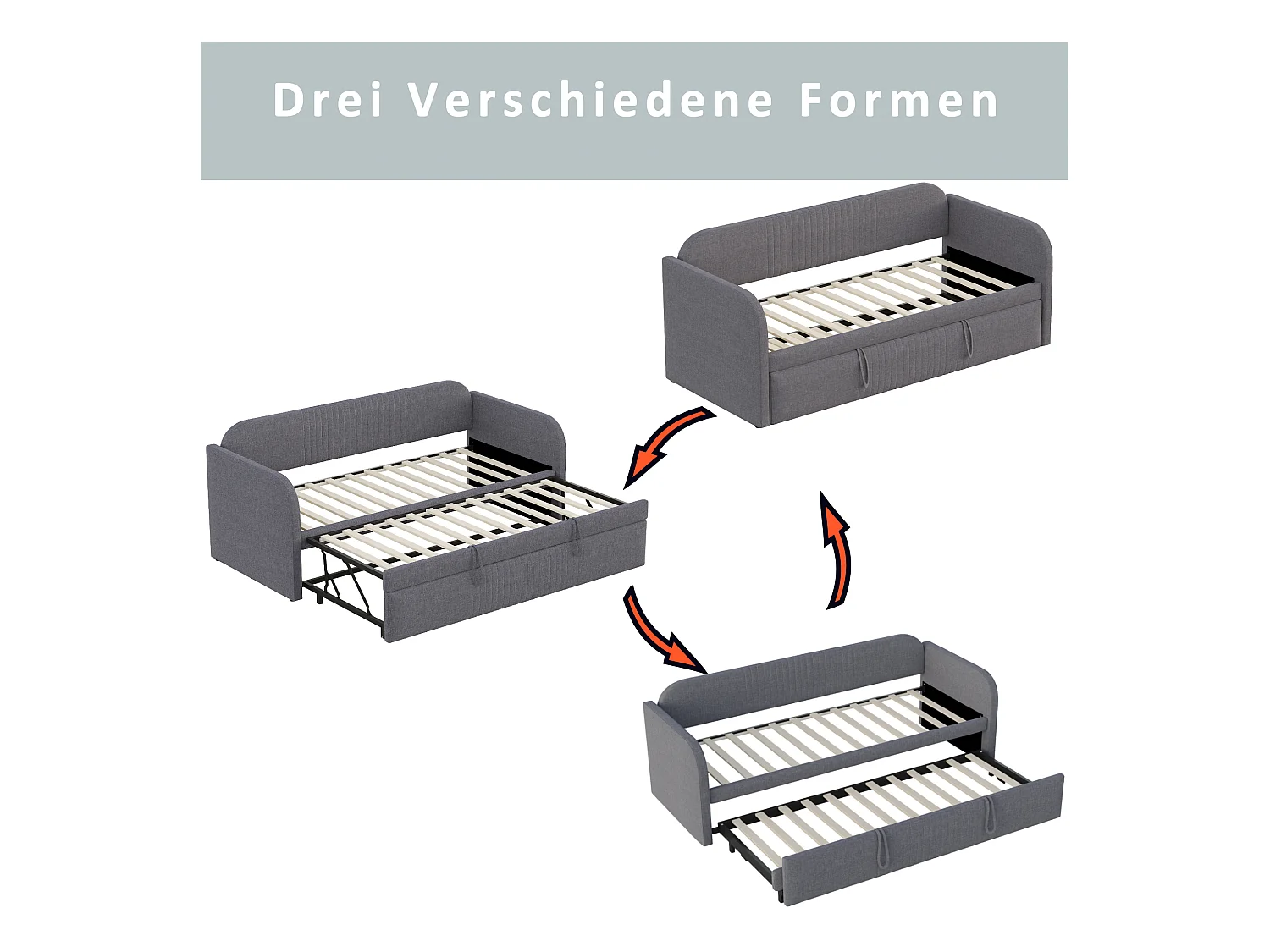 Lit banquette 90/180x190 cm avec lit gigogne et sommier à lattes - lin gris (sans matelas)