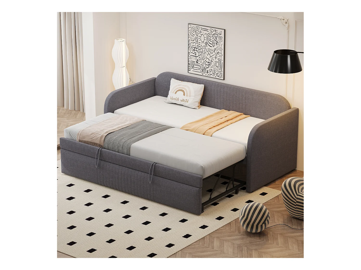 Slaapbank 90/180x190 cm met uitschuifbaar bed en lattenbodem - Grijs linnen (zonder matras)